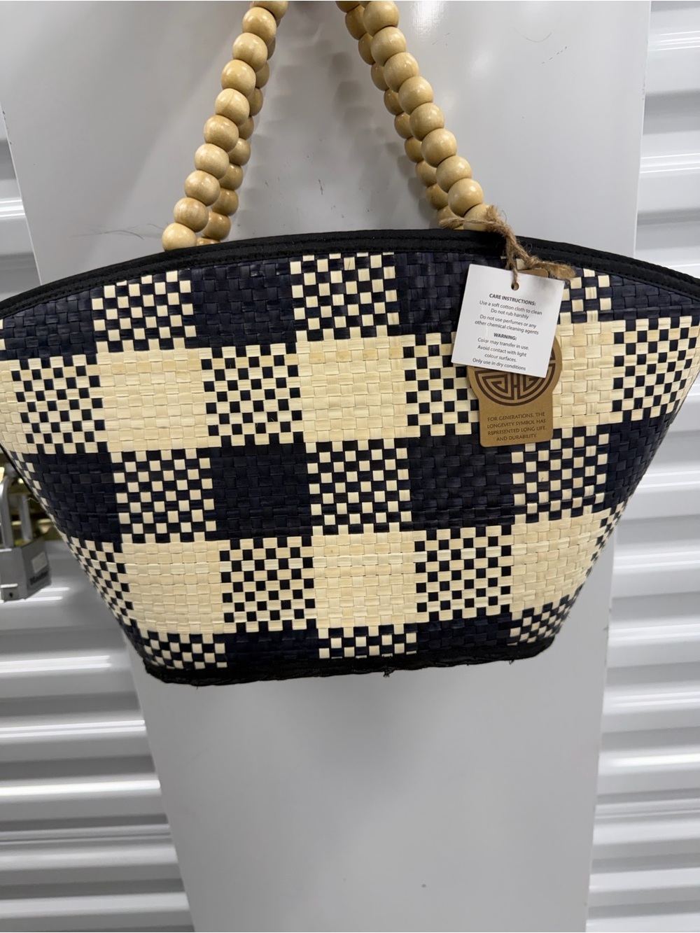 Checker Woven Tote Bag with Beaded Handles - Black & Cream